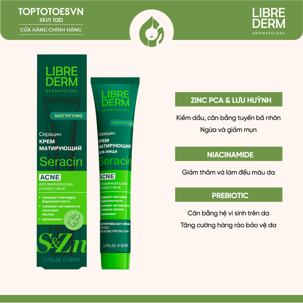 Kem dưỡng hỗ trợ giảm mụn, kiềm dầu ban ngày LIBREDERM SERACIN MATTIFYING DAY CREAM 50ML