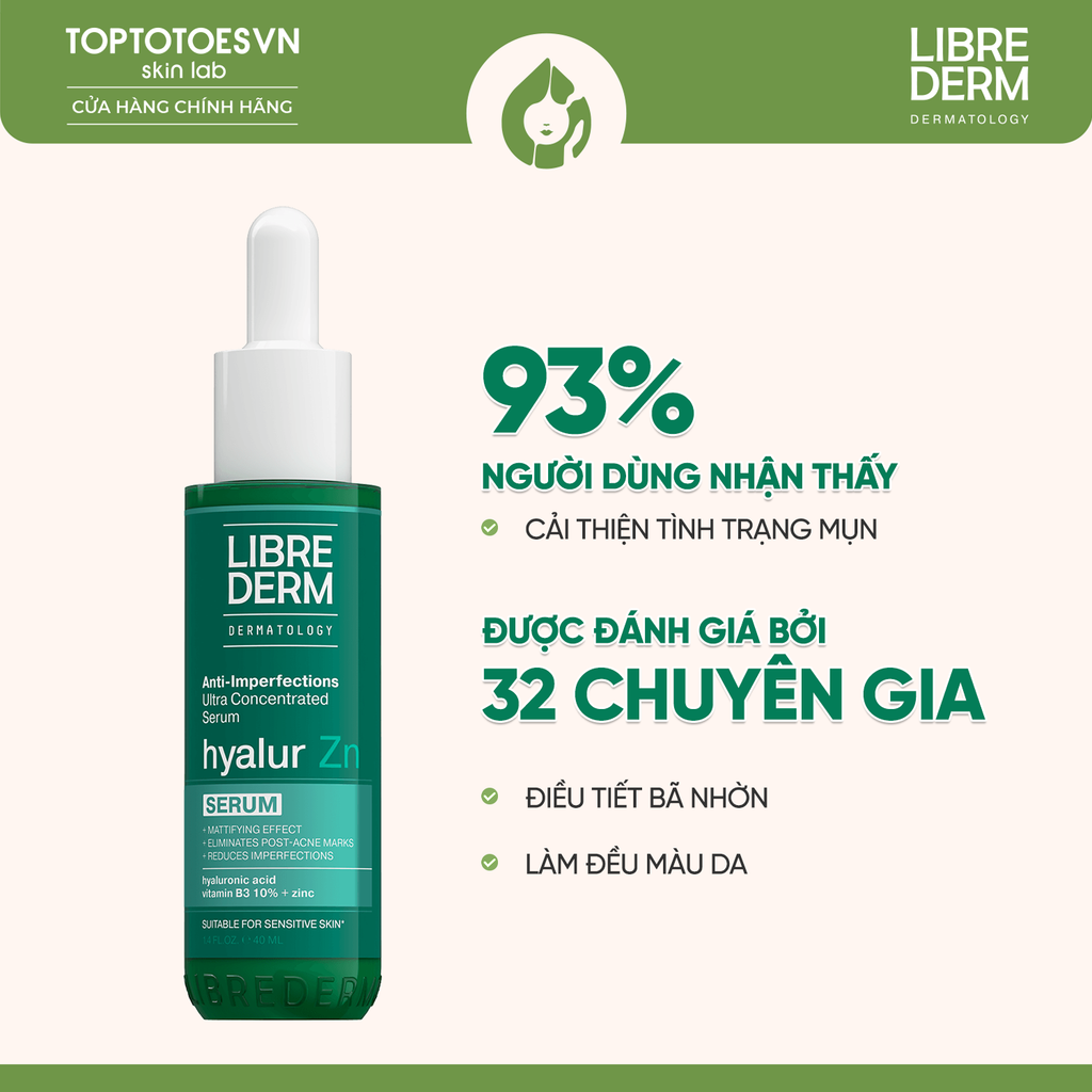 Serum hỗ trợ kiềm dầu, giảm mụn, mờ thâm LIBREDERM SERUM PRO HYALUR ZN REJUVENATING CORRECTION ULTRA CONCENTRATED SERUM FOR SKIN WITH IMPERFECTIONS - 40ML