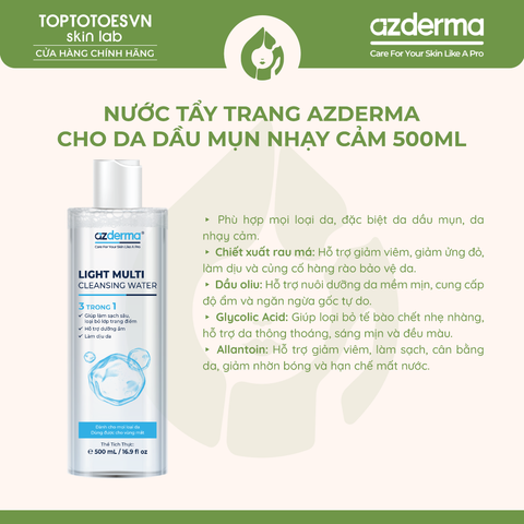 Nước tẩy trang Azderma cho da dầu mụn nhạy cảm 500ml