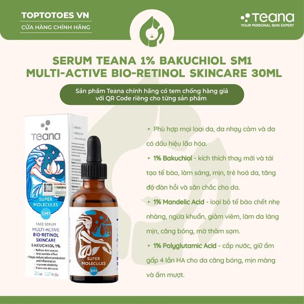 Serum Teana 1% Bakuchiol SM1 Super Molecules Multi-Active Bio-Retinol Skin Care