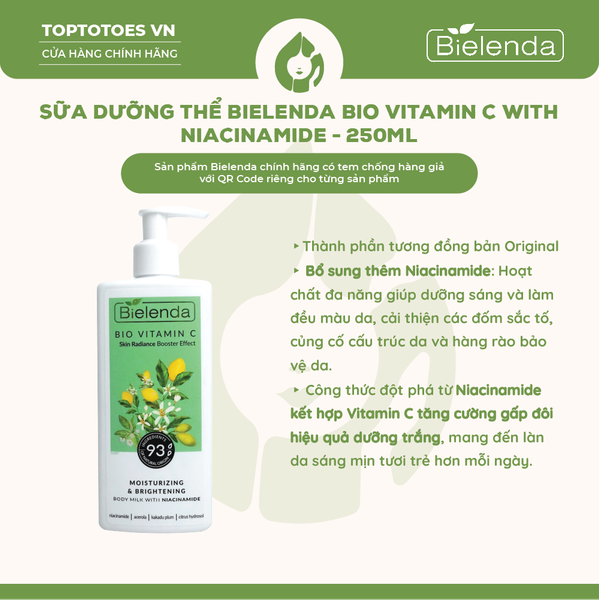 Sữa dưỡng thể dưỡng sáng và hỗ trợ cải thiện tình trạng da không đều màu bổ sung Niacinamide BIELENDA BIO VITAMIN C MOISTURIZING & BRIGHTENING BODY MILK WITH NIACINAMIDE 250ML