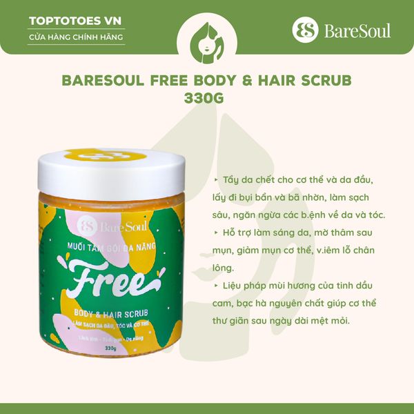 Muối tắm gội tẩy tế bào chết BareSoul Body & Hair Scrub 330g - FREE