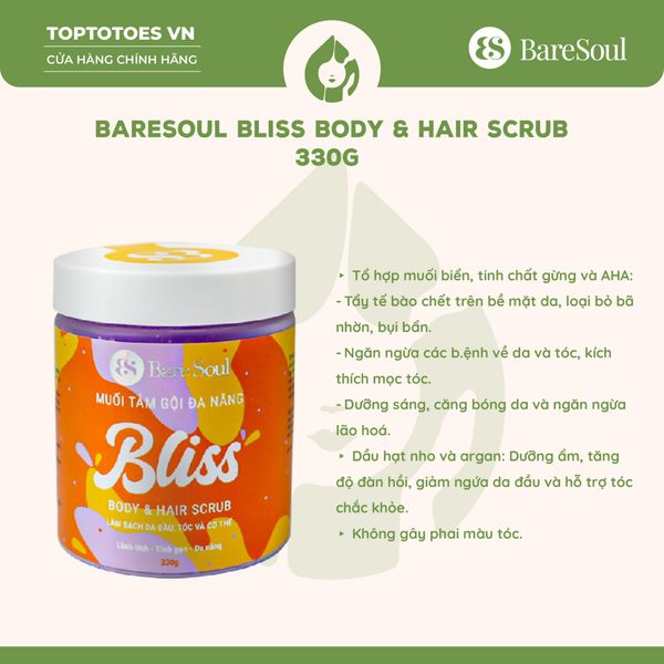 Muối tắm gội tẩy tế bào chết BareSoul Body & Hair Scrub 330g - BLISS (chứa AHA)