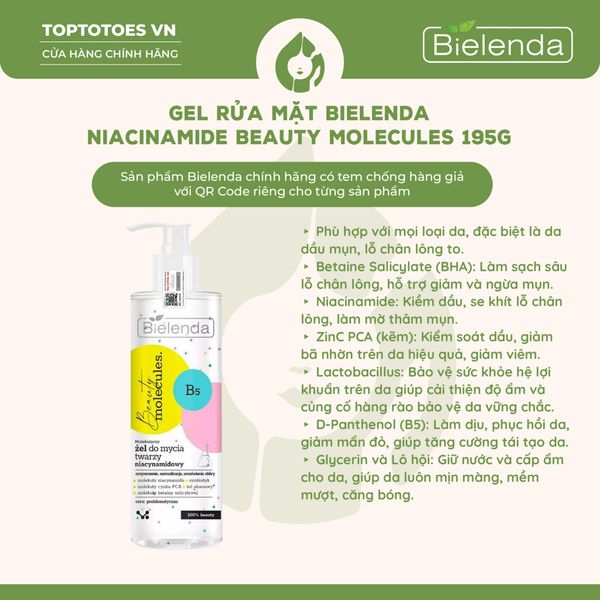 Gel rửa mặt hỗ trợ làm sạch sâu và kiểm soát dầu thừa cho da dầu mụn BIELENDA BEAUTY MOLECULES MOLECULAR NIACINAMIDE FACE WASH GEL - 195G