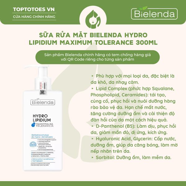 Sữa rửa mặt Bielenda Hydro Lipidium Maximum Tolerance 300ml