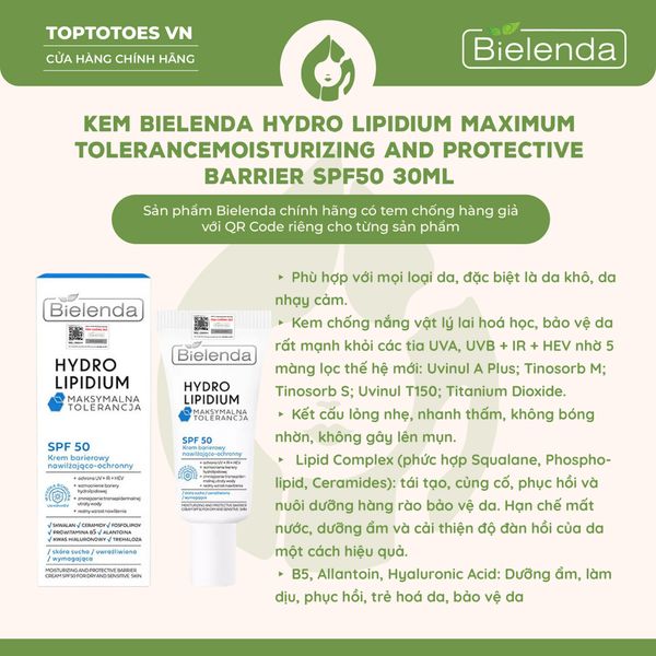 Kem chống nắng dưỡng ẩm giúp làm dịu da nhạy cảm BIELENDA HYDROLIPIDUM MAXIMUM TOLERANCE MOISTURIZING AND PROTECTIVE BARRIER CREAM SPF50 - 30ML