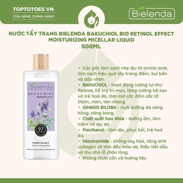 Nước tẩy trang Bielenda Bakuchiol Bio Retinol Effect Moisturizing Micellar Liquid 500ml