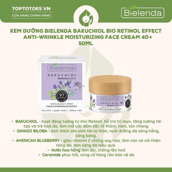 Kem dưỡng Bielenda Bakuchiol Bio Retinol Effect Anti-Wrinkle Moisturizing Face Cream 40+ 50ml