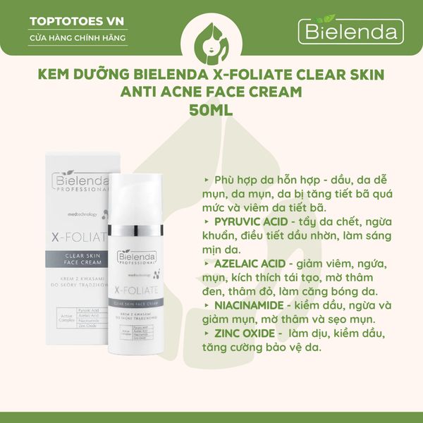 Kem dưỡng Bielenda Professional X-FOLIATE Clear Skin Anti Acne Face Cream 50 ml