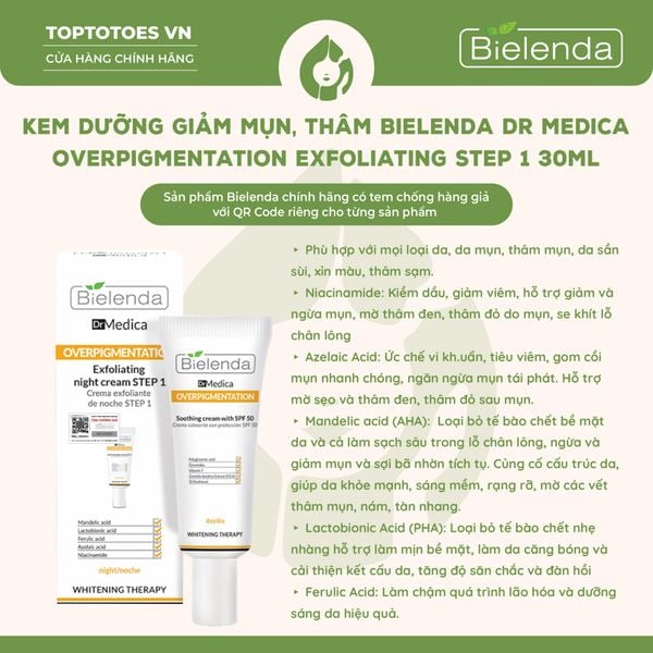 Kem dưỡng giảm mụn, thâm Bielenda Dr Medica Overpigmentation Exfoliating Step 1 30ml