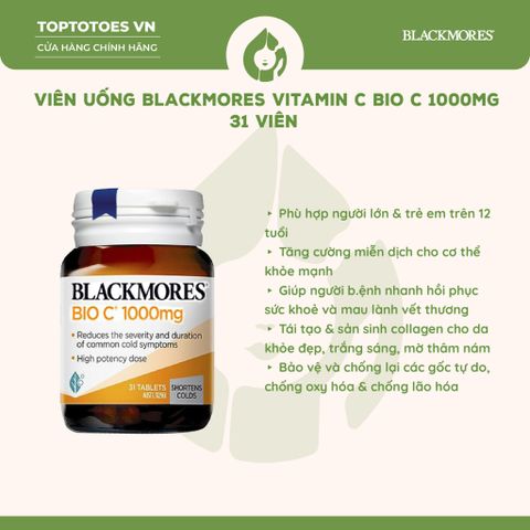 Viên uống Blackmores Vitamin C Bio C 1000mg tăng cường miễn dịch, làm đẹp da, chống oxy hóa - 31 viên