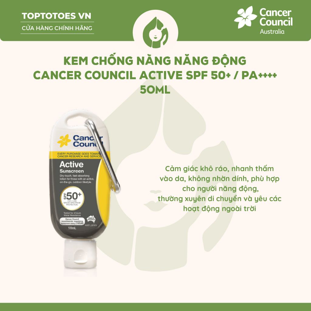 Kem chống nắng Năng động Cancer Council Active SPF 50+/ PA ++++