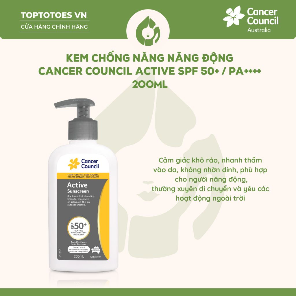 Kem chống nắng Năng động Cancer Council Active SPF 50+/ PA ++++