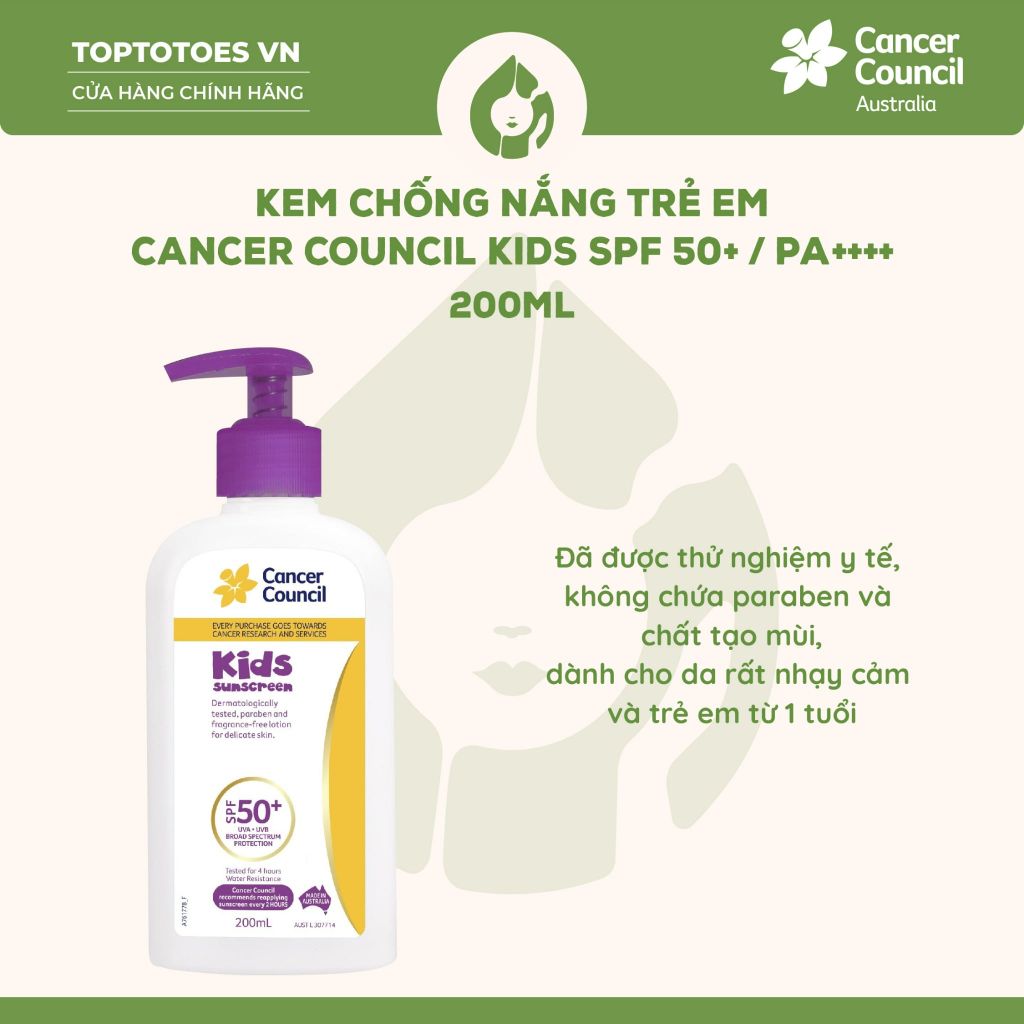 Kem chống nắng Trẻ em Cancer Council Kids SPF 50+/ PA ++++