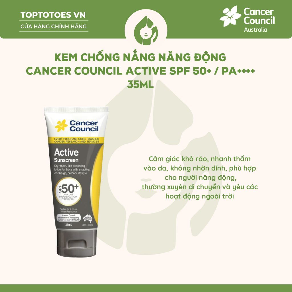 Kem chống nắng Năng động Cancer Council Active SPF 50+/ PA ++++