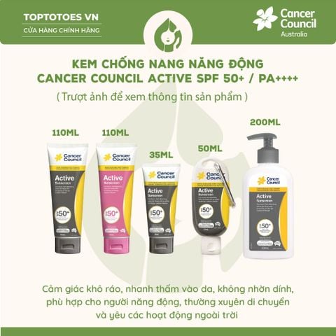 Kem chống nắng Năng động Cancer Council Active SPF 50+/ PA ++++