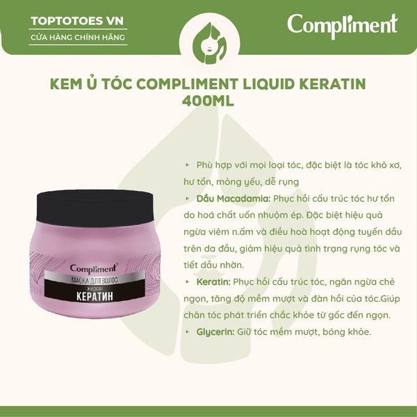 Kem ủ dưỡng phục hồi tóc hư tổn, giúp cải thiện tình trạng tóc gãy rụng COMPLIMENT HAIR MASK LIQUID KERATIN - 400ML