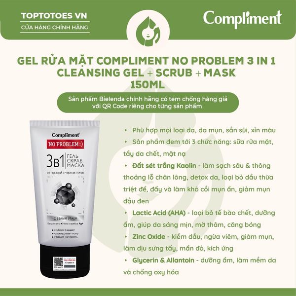 Gel rửa mặt Compliment No Problem - 3in1 Cleansing + Mask + Scrub 150ml