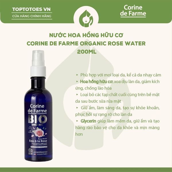 Nước hoa hồng hữu cơ Corine de Farme Organic Rose Water 200ml