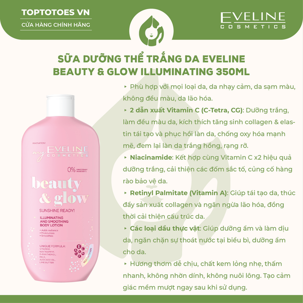 Sữa dưỡng thể làm sáng và mềm da Eveline Beauty & Glow Illuminating And Smoothing Body Lotion 350ml