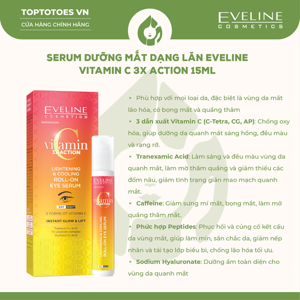 Serum dưỡng mắt dạng lăn hỗ trợ cải thiện quầng thâm và nếp nhăn vùng mắt EVELINE COSMETICS VITAMIN C 3X ACTION LIGHTENING & COOLING ROLL-ON EYE SERUM - 15ML
