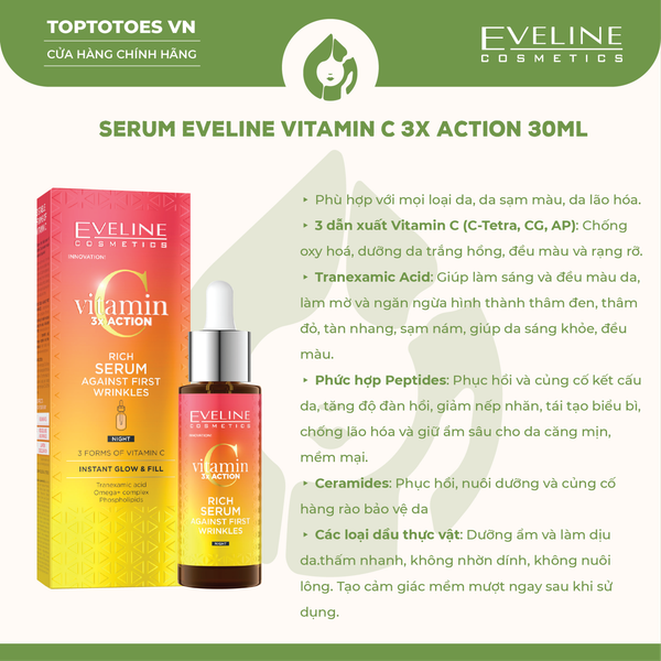 Serum dưỡng sáng, hỗ trợ cải thiện các dấu hiệu lão hóa da EVELINE COSMETICS VITAMIN C 3X ACTION RICH SERUM AGAINST FIRST WRINKLES - 30ML