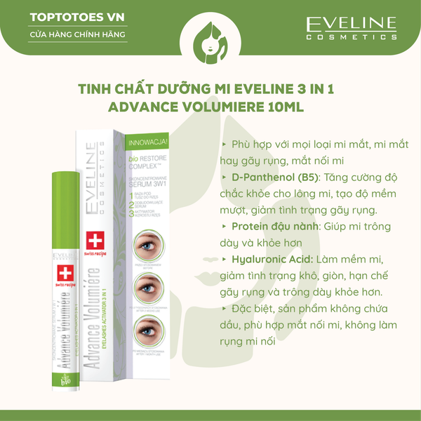 Tinh chất dưỡng mi cho mắt nối mi, giúp hạn chế gãy rụng, cho hàng mi trông dài và chắc khỏe hơn EVELINE COSMETICS ADVANCE VOLUMIÉRE EYELASHES CONCENTRATED SERUM 3IN1 - 10ML