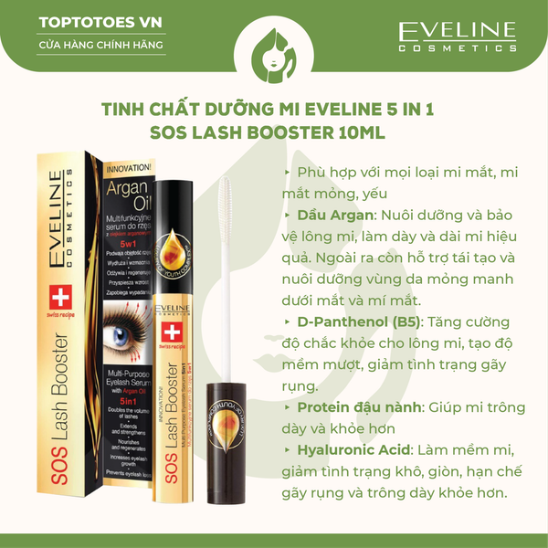 Tinh chất nuôi dưỡng hỗ trợ mi chắc khỏe, giúp mi trông dày hơn EVELINE COSMETICS SOS LASH BOOSTER MULTI-PURPOSE EYELASH SERUM 5IN1 - 10ML