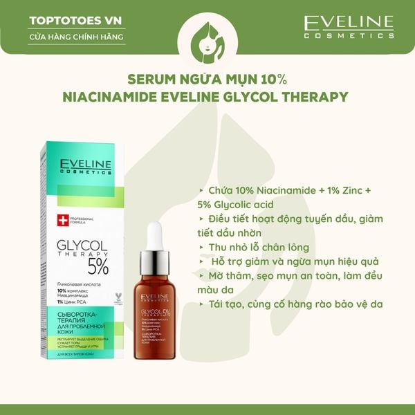 Serum hỗ trợ kiểm soát bã nhờn, giảm mụn và mờ thâm EVELINE COSMETICS GLYCOL THERAPY 5% TREATMENT AGAINST IMPERFECTIONS - 18ML