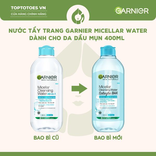 Nước làm sạch và tẩy trang cho da dầu mụn Garnier Micellar Water 400ml ( Xanh BHA )