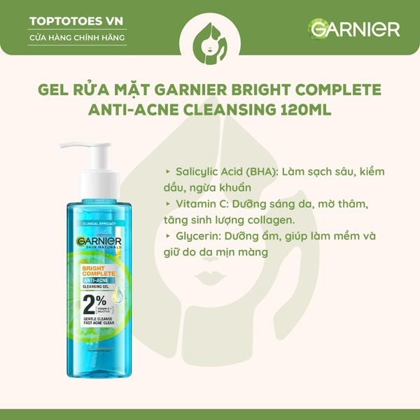 Gel rửa mặt Garnier Bright Complete Anti-Acne Cleansing Gel 120ml