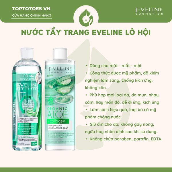 Nước tẩy trang làm sạch và làm dịu da EVELINE COSMETICS FACEMED+ REFRESHING AND SOOTHING ALOE VERA - 500ML