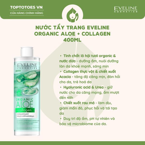 Nước tẩy trang làm sạch sâu và hỗ trợ làm dịu da nhạy cảm EVELINE COSMETICS ORGANIC ALOE + COLLAGEN CLEANSING MICELLAR WATER - 500ML