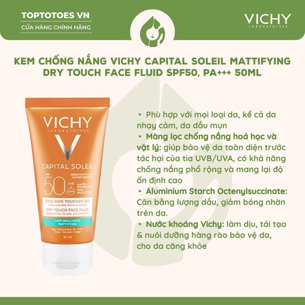 Kem chống nắng kiềm dầu Vichy Capital Soleil Mattifying Dry Touch Face Fluid 50ml