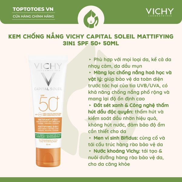 Kem chống nắng chống bụi mịn Vichy Capital Soleil Mattifying 3in1 SPF 50+ 50ml