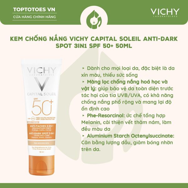 Kem chống nắng có màu, giảm thâm nám Vichy Capital Soleil Anti-Dark Spot 3in1 SPF 50+ 50ml
