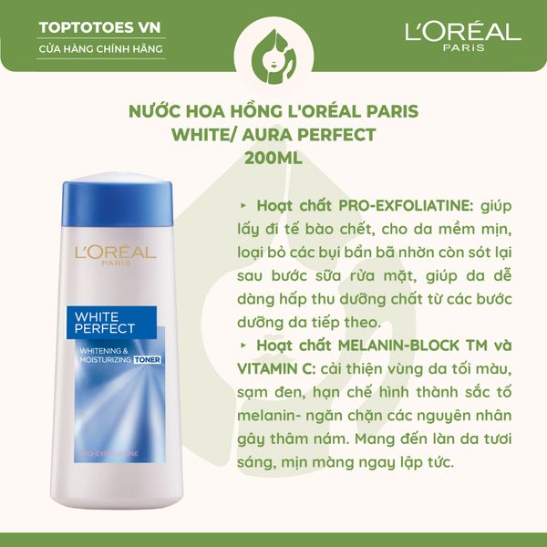 Nước hoa hồng se khít lỗ chân lông và trắng mịn da L'Oreal Paris White/ Aura Perfect 200ml