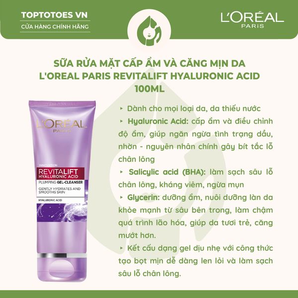 Sữa rửa mặt L'Oreal Paris Revitalift Hyaluronic Acid 100ml