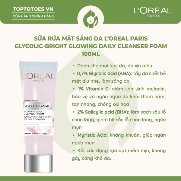 Sữa Rửa Mặt Sáng Da L’oréal Paris Glycolic-Bright Glowing Daily Cleanser Foam