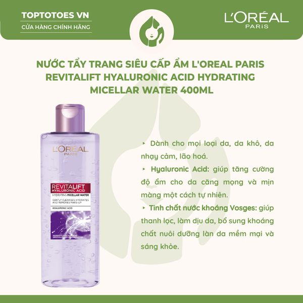 Nước tẩy trang L'Oreal Paris Micellar Water - Revitalift Hyaluronic Acid 400ml (Tím)