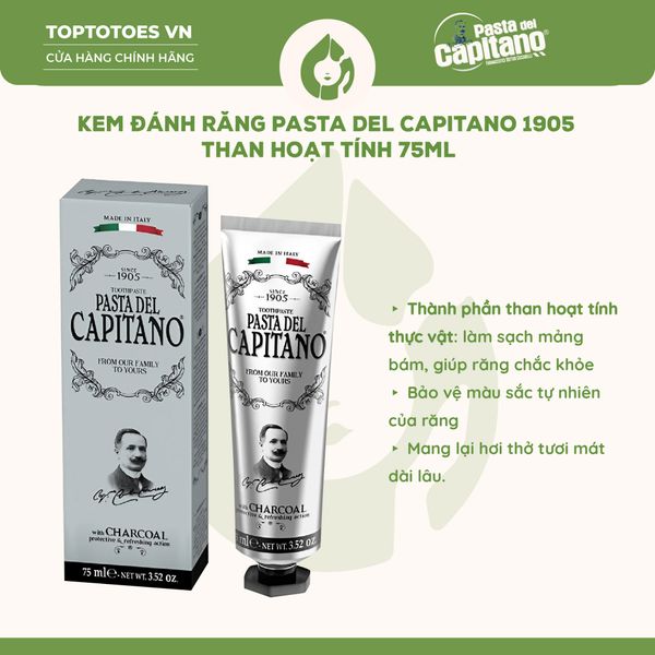 Kem đánh răng Capitano 1905 75ml - Charcoal (Than hoạt tính)