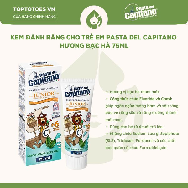 Kem đánh răng Pasta del Capitano Trẻ em 75ml - Junior Soft Mint (Vị bạc hà)