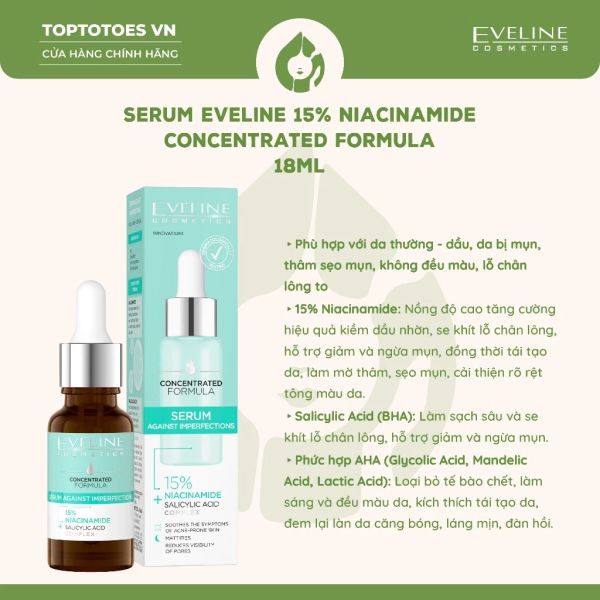 Serum giúp kiềm dầu, giảm mụn, mờ thâm và cải thiện tình trạng lỗ chân lông EVELINE COSMETICS CONCENTRATED FORMULA AGAINST IMPERFECTIONS SERUM - 30ML