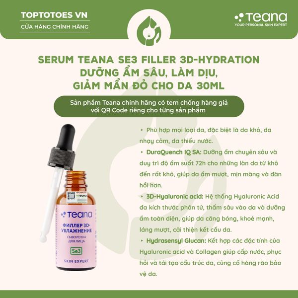 Serum Teana SE3 Filler 3D-Hydration dưỡng ẩm sâu, làm dịu, giảm mẩn đỏ cho da 30ml