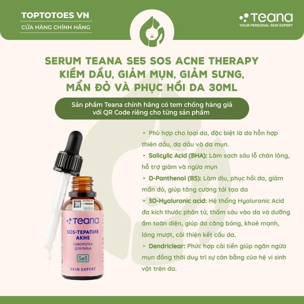 Serum Teana SE5 SOS Acne Therapy kiềm dầu, giảm mụn, giảm sưng, mẩn đỏ và phục hồi da 30ml