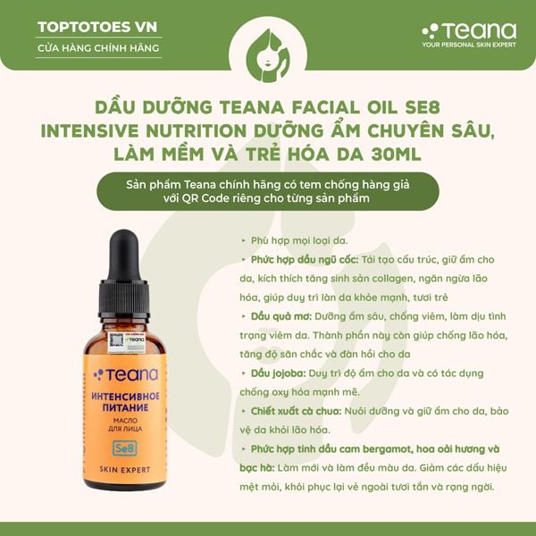 Dầu dưỡng Teana Facial Oil SE8 Intensive Nutrition dưỡng ẩm chuyên sâu, làm mềm và trẻ hóa da 30ml