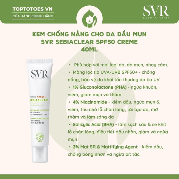 Kem chống nắng SVR Sebiaclear SPF50 Creme 40ml