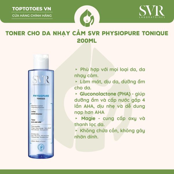 Nước cân bằng làm sạch sâu cho da mặt nhạy cảm SVR Physiopure Tonique 200ml