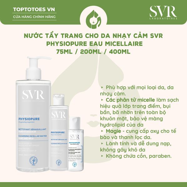 Nước tẩy trang cho da nhạy cảm SVR Physiopure Eau Micellaire 400ml