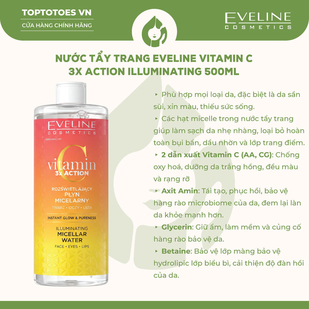 Nước tẩy trang làm sạch, dưỡng sáng da EVELINE COSMETICS VITAMIN C 3X ACTION ILLUMINATING MICELLAR WATER - 500ML